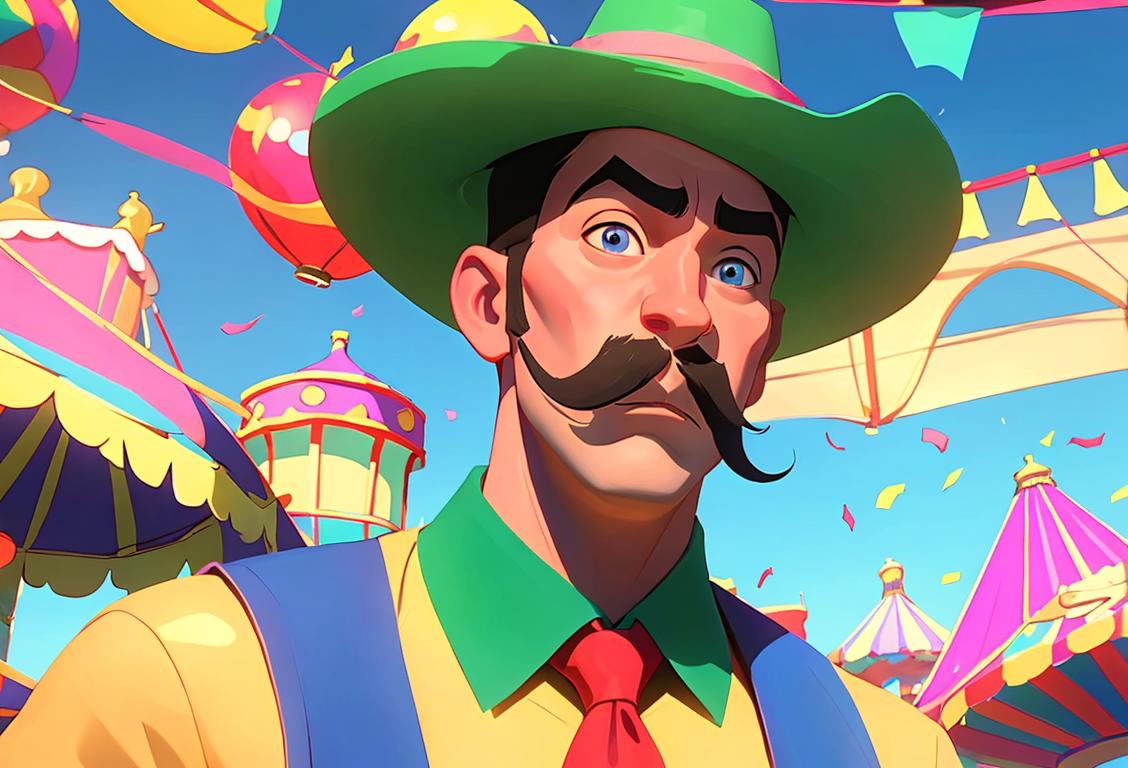 Young man wearing a bright-colored sombrero, funny t-shirt, and holding a fake mustache, surrounded by a vibrant carnival setting with confetti in the air..