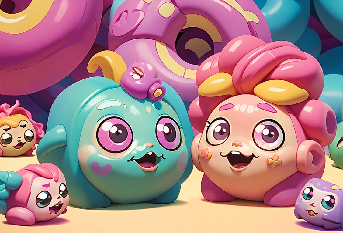 Two friends surrounded by colorful Shopkins toys, exchanging them while wearing fun and vibrant outfits, in a bustling Shopkins marketplace..