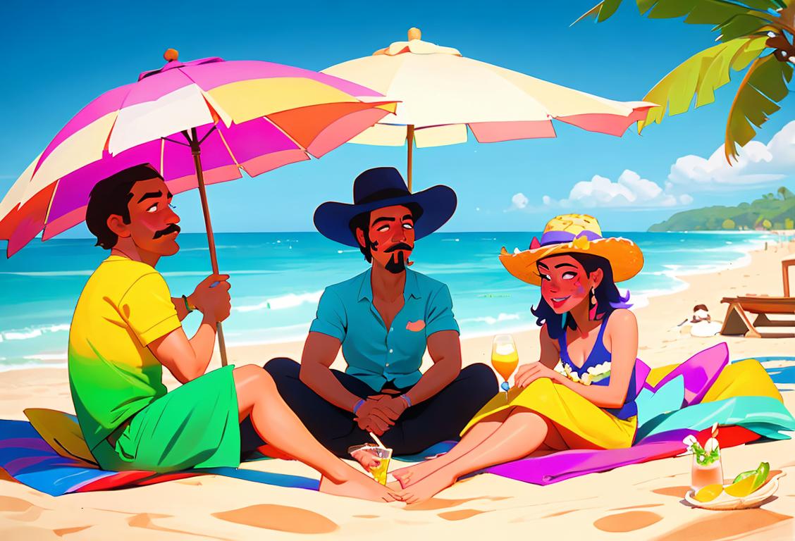 A group of friends toasting Gus Margarita Day with colorful sombreros, beach attire, and a tropical beach setting..