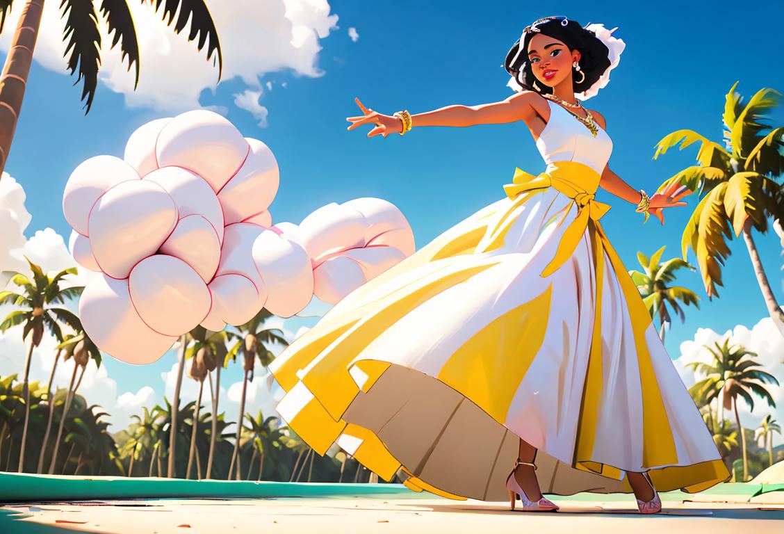 Young woman dancing merengue, wearing vibrant Dominican attire, surrounded by palm trees and tropical scenery..