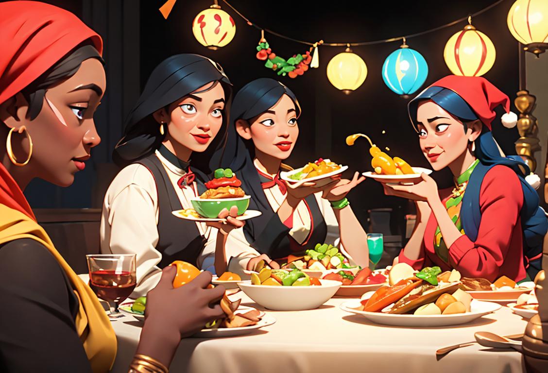 Group of diverse people gathered around a table, enjoying a variety of dishes from around the world, with colorful attire and a festive, vibrant ambiance..