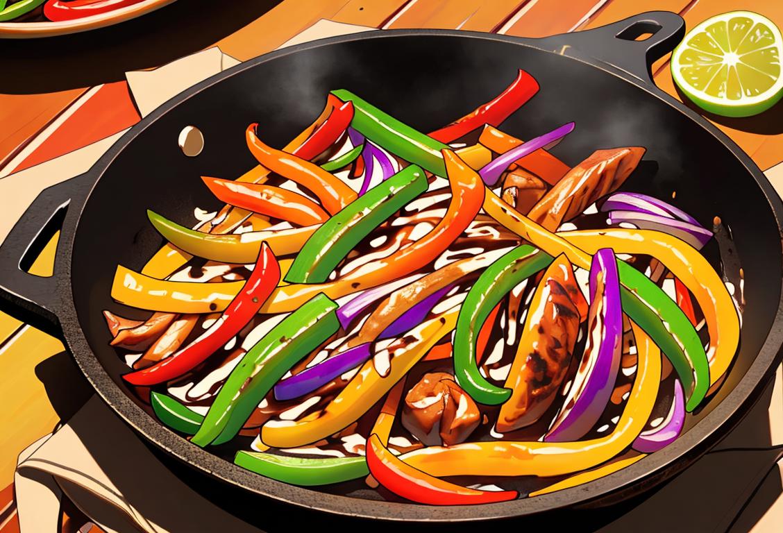 Close-up photo of sizzling fajitas on a cast iron skillet, with colorful peppers and onions, set against a cowboy-themed restaurant backdrop..