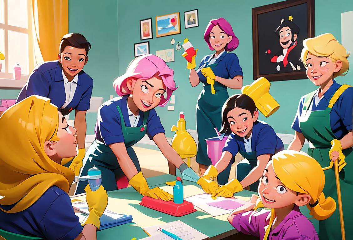 A group of diverse people, wearing different uniforms and holding cleaning supplies, smiling and helping each other in a bright and colorful daycare center..