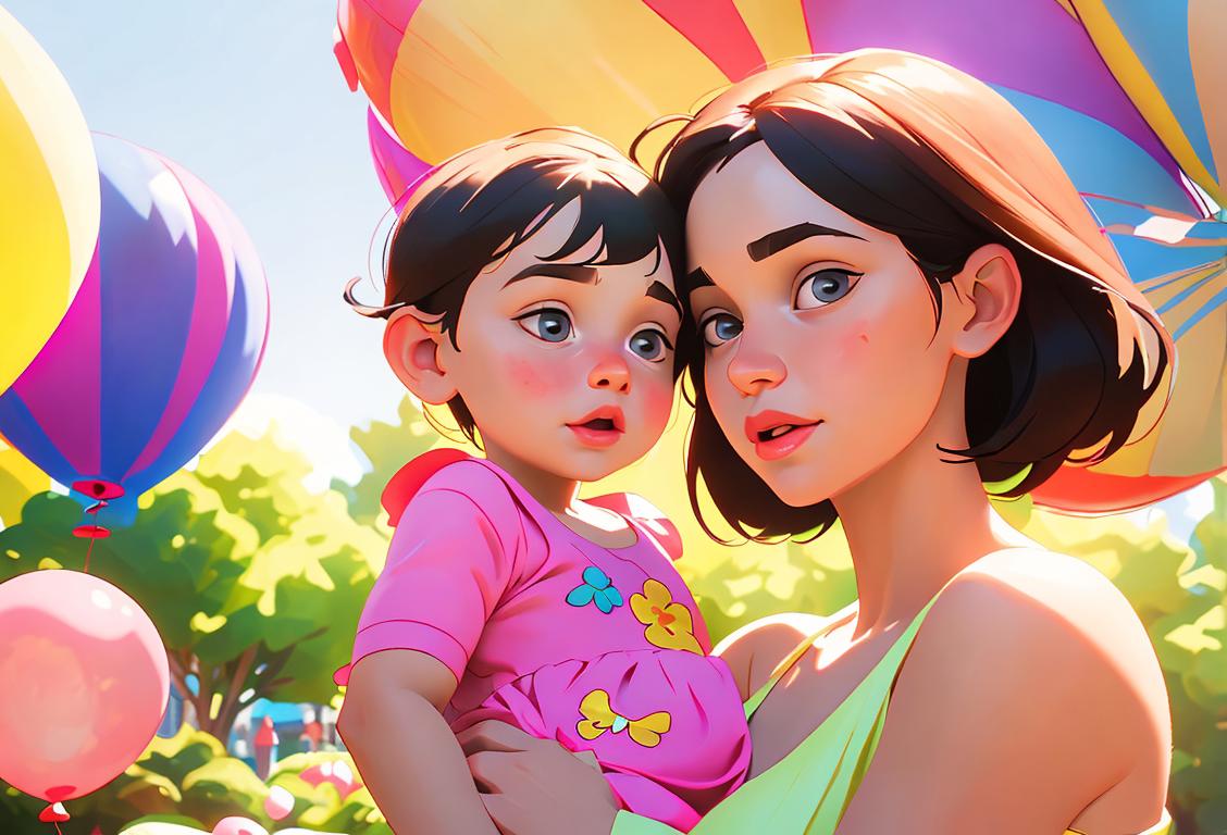 Young mother holding a precious baby, wearing a flowery sundress, in a sunny park surrounded by colorful balloons..