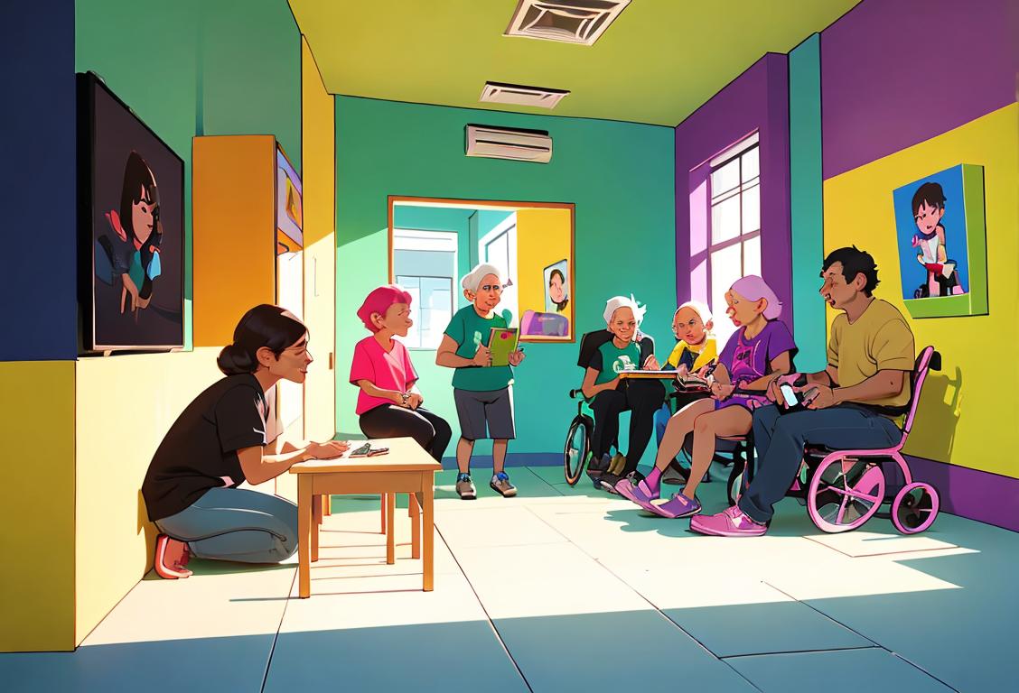 A diverse group of people, all ages, happily engaging with technology at a community center, wearing colorful, casual clothing, urban setting..