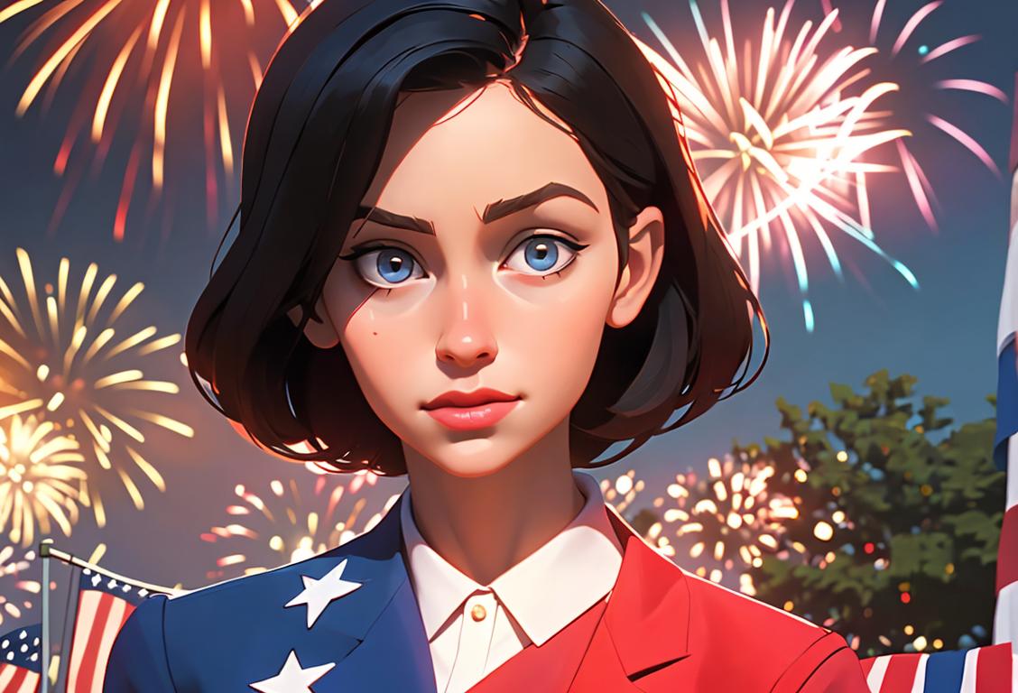 Young woman named Linda, wearing a patriotic outfit, surrounded by flags and fireworks, celebrating Linda-ependence Day..