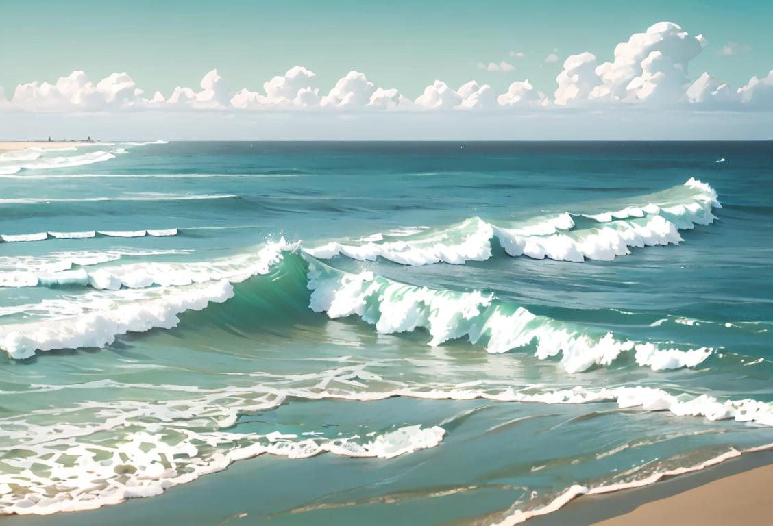 A serene coastal landscape with rolling waves crashing against a vibrant blue and green shoreline, and people enjoying the scenery wearing beach attire..