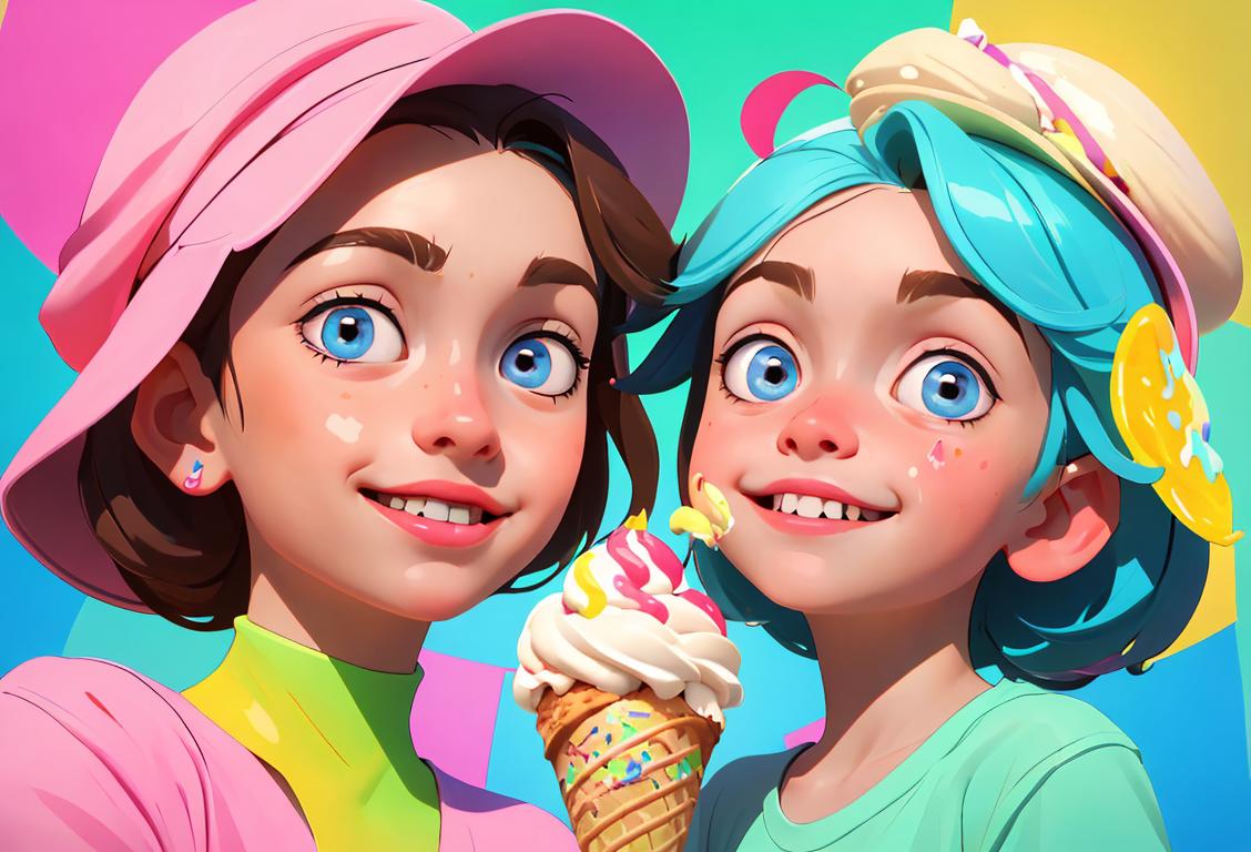 Two children smiling, wearing ice cream themed hats, surrounded by a colorful array of ice cream toppings and flavors..