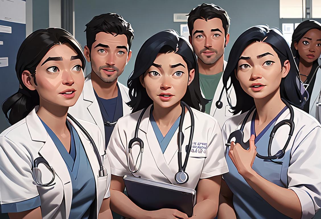 A group of diverse people wearing scrubs, holding stethoscopes, in a bustling hospital setting, with a banner celebrating Grey's Anatomy Fan Appreciation Day..
