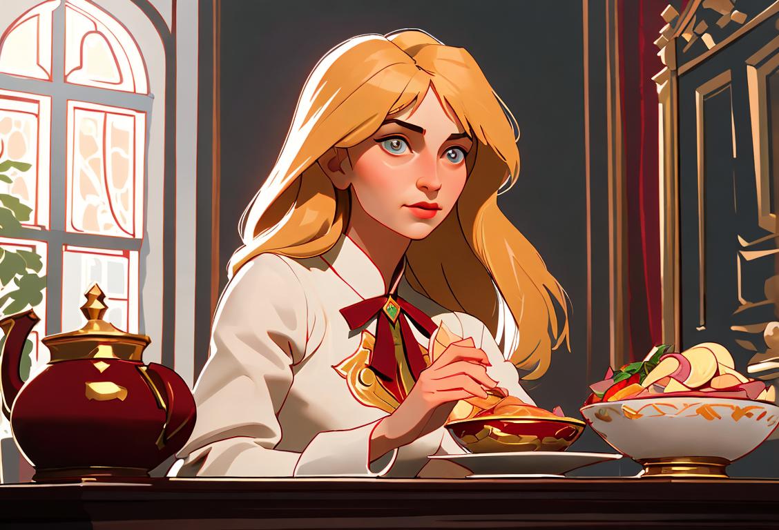 Young woman in traditional Russian attire, enjoying a bowl of borscht, surrounded by iconic Russian architecture and a balalaika in the background..