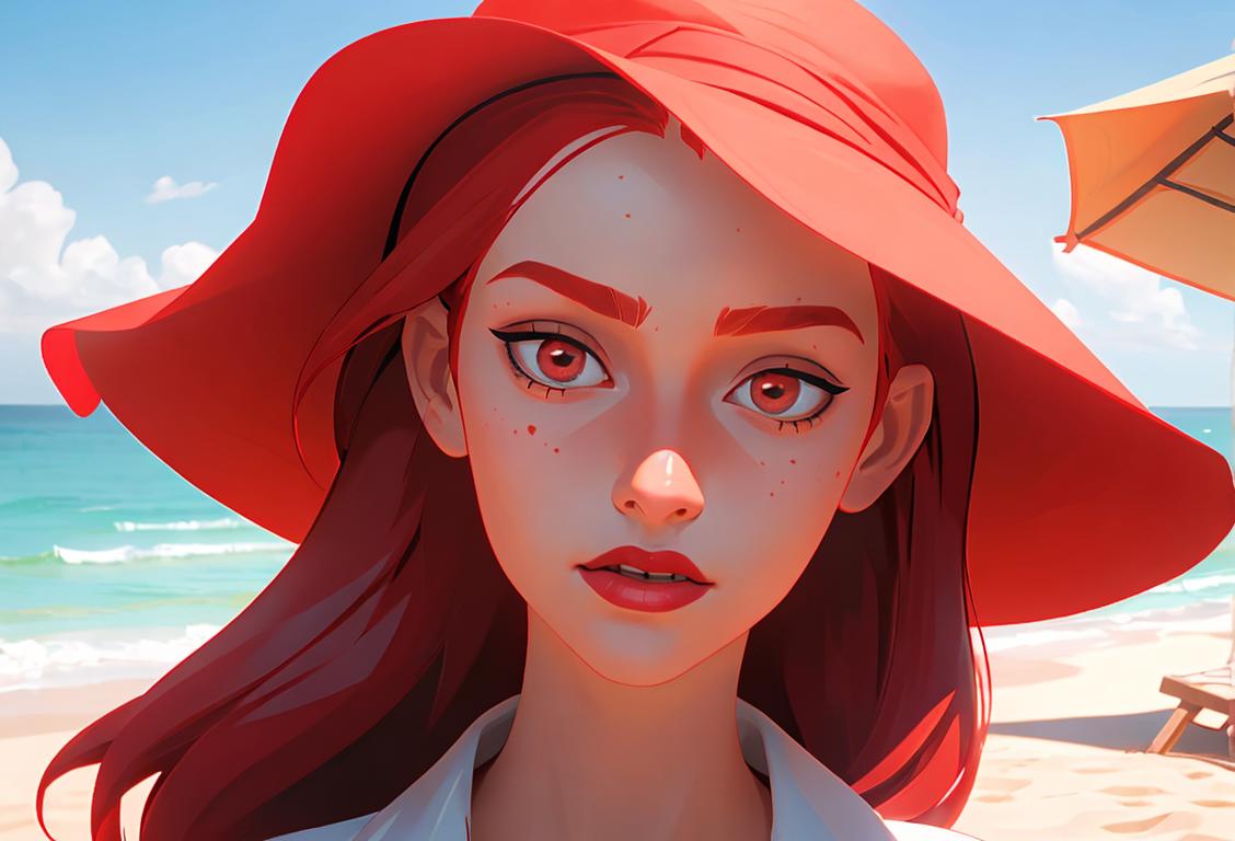 Young woman with fiery red hair, wearing a sun hat, beach scene, surrounded by friends..
