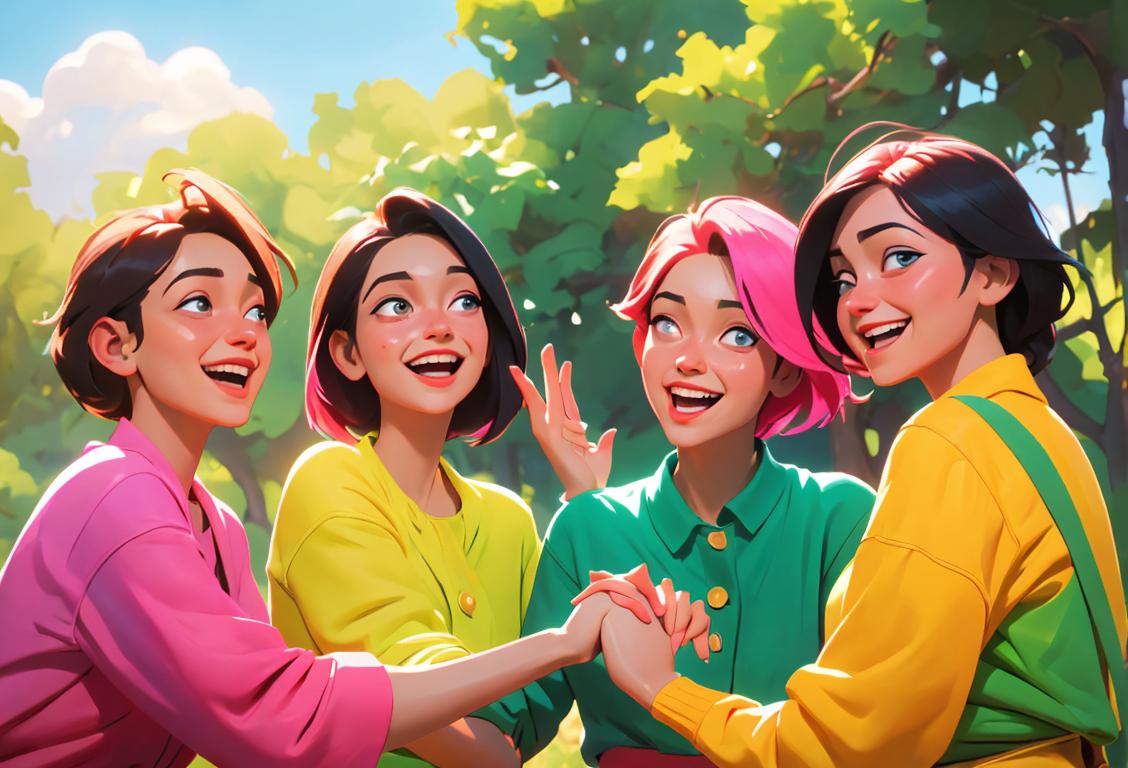 A group of diverse friends laughing and holding hands, wearing bright colored clothes, surrounded by beautiful nature scenery..