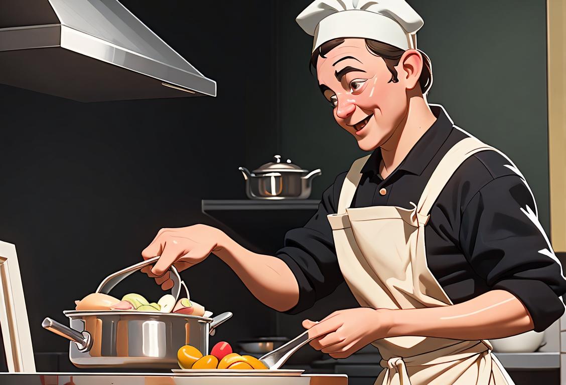 A cheerful kitchen porter in a classic apron, scrubbing a sparkling pot in a busy restaurant kitchen with pots and pans clattering around..