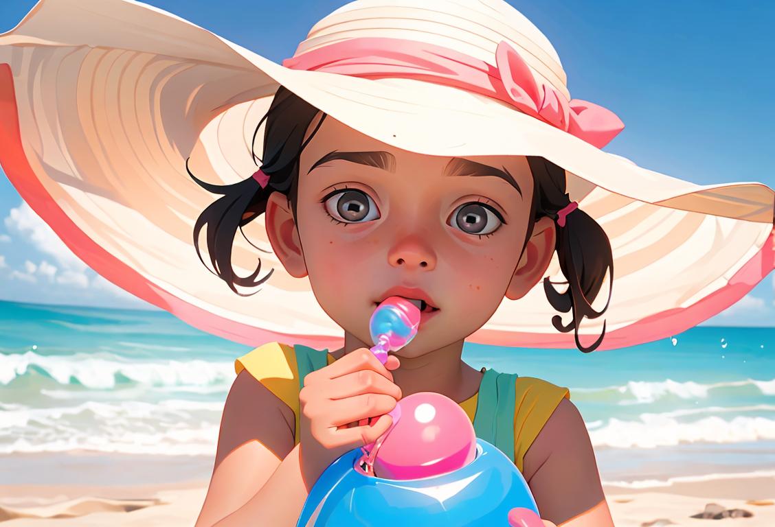 Young child blowing bubbles, wearing a sun hat, summer beach setting, joyful expressions and beach toys..