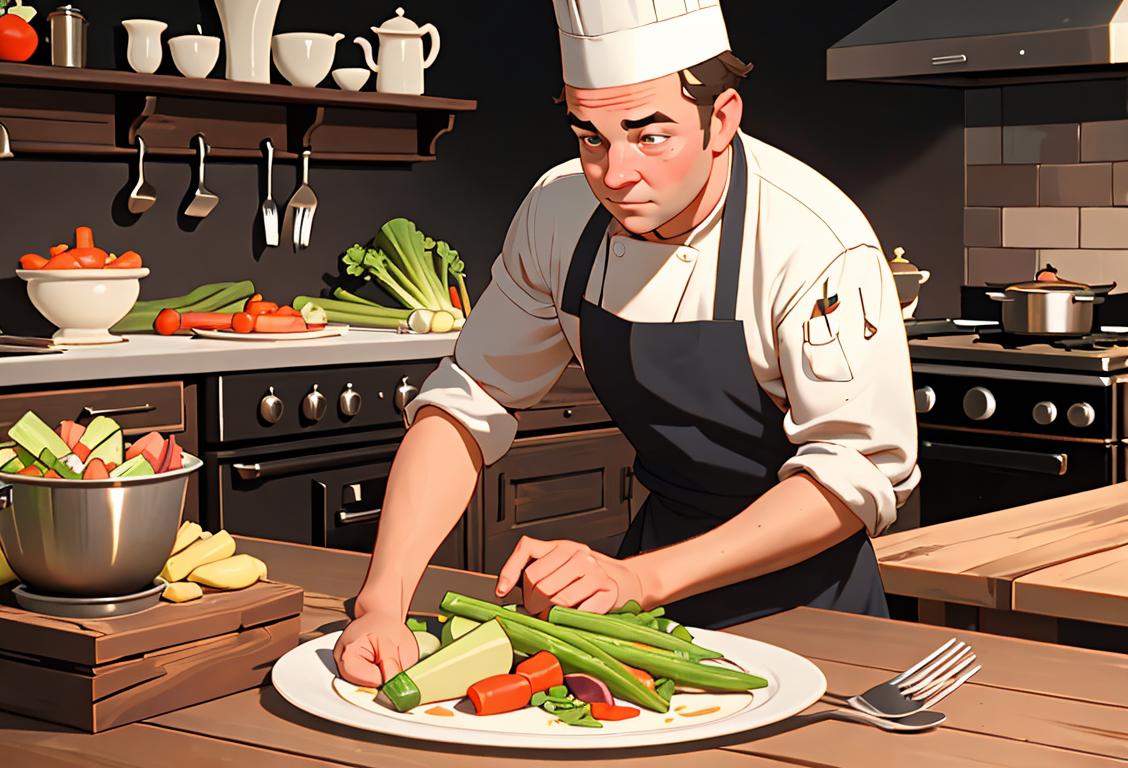 Young adult slicing vegetables, wearing a chef hat, farm-to-table style, rustic kitchen setting..