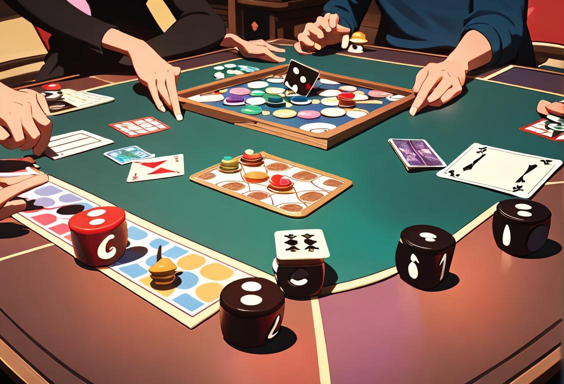 A diverse group of friends sitting around a table, playing board games, with colorful board game pieces and cards scattered on the table..