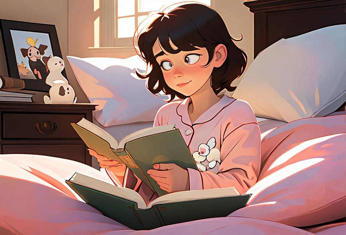 Young person in cozy pajamas, surrounded by fluffy pillows, reading a book in a sun-lit bedroom on National No Serotonin Day..