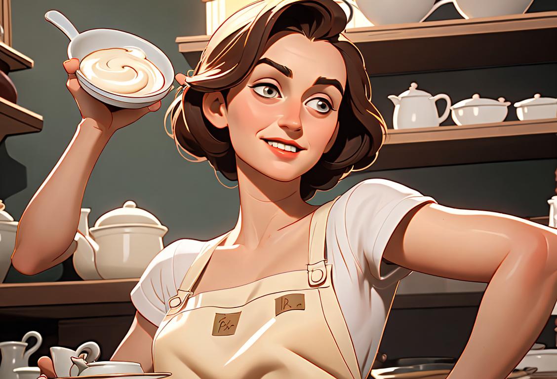Delighted person savoring a pots de crème, wearing a vintage apron, in a cozy French bakery..