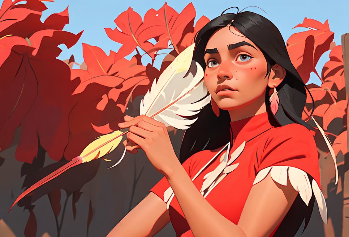 Young woman holding a red dress and a feather, outdoor natural setting, Native American-inspired fashion..