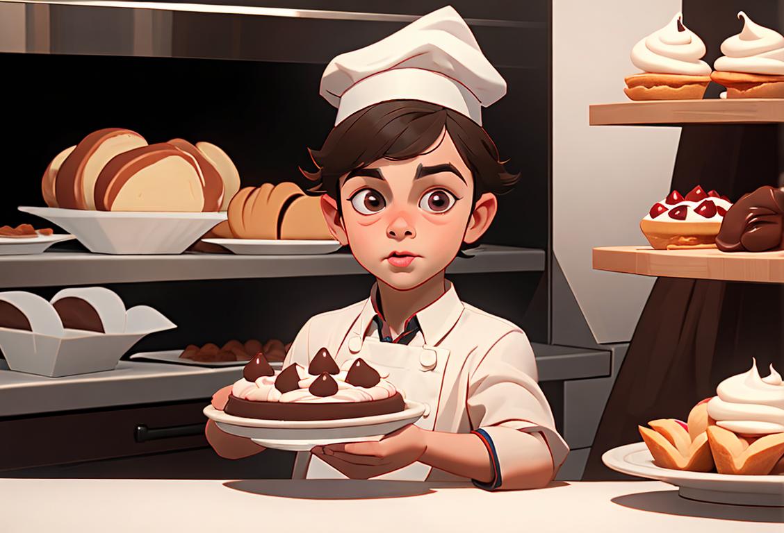Cute kid holding a devil dog, wearing a chef hat, in a bakery setting, surrounded by mouthwatering desserts..