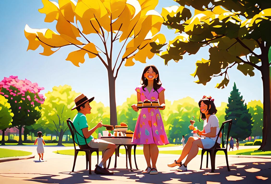 Diverse group of people sharing a scrumptious Boston cream pie outdoors, smiling and wearing colorful summer clothes, park setting..