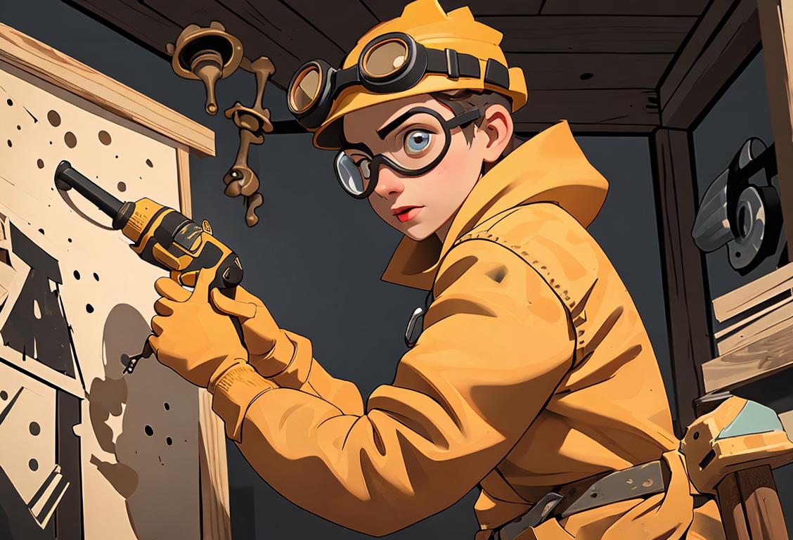 A person wearing safety goggles, holding a drill, surrounded by construction tools and materials, demonstrating the power of drilling holes..