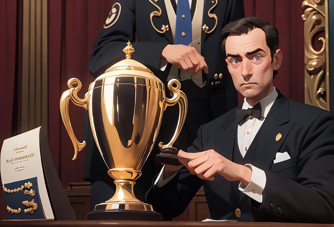 A distinguished person holding a National Press Club trophy, wearing a stylish suit, in a grand conference hall..