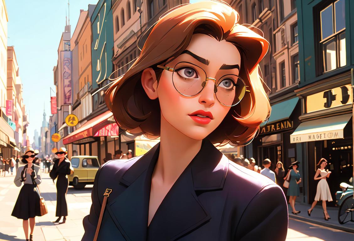 Young adult wearing vintage clothing, exploring a bustling city street, cool sunglasses, celebrating National Flawless Day with confidence..