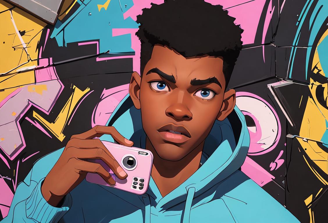 Young man proudly holding a phone, dressed in hip-hop fashion, urban cityscape with graffiti art in the background..