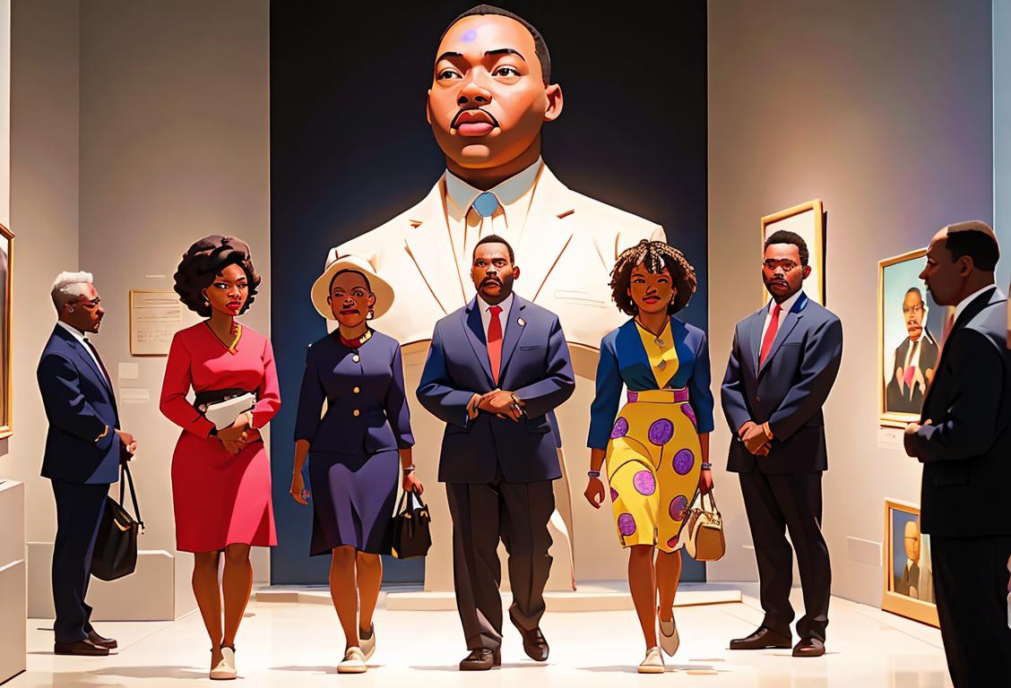 A diverse group of people visiting the National Museum of African American History, wearing colorful outfits, capturing the joy and appreciation on MLK Day..