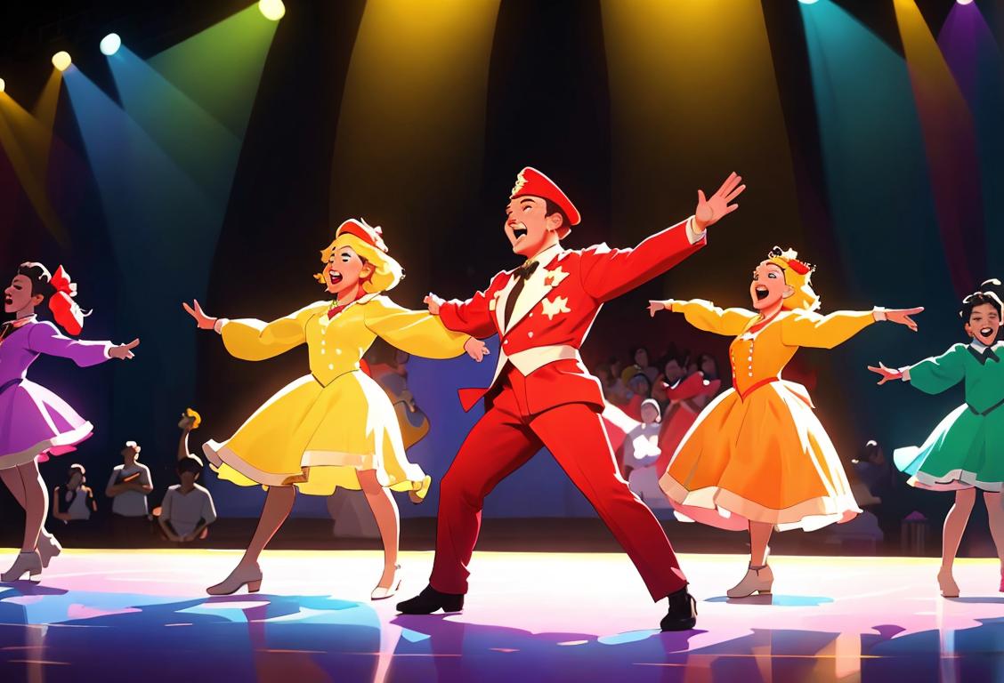 A cheerful group of performers in colorful costumes, dancing and singing on a grand stage with a backdrop of Canadian landmarks..