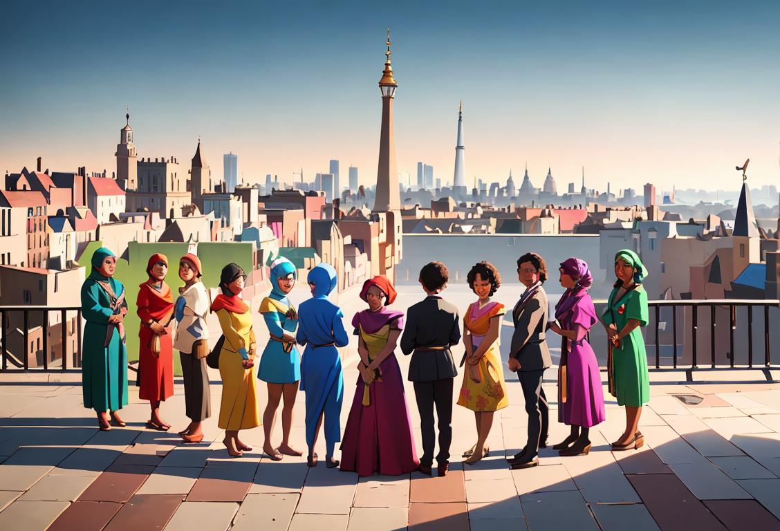 A diverse group of people, dressed in different styles and clothing, standing together against a vibrant cityscape backdrop, symbolizing unity and human rights..