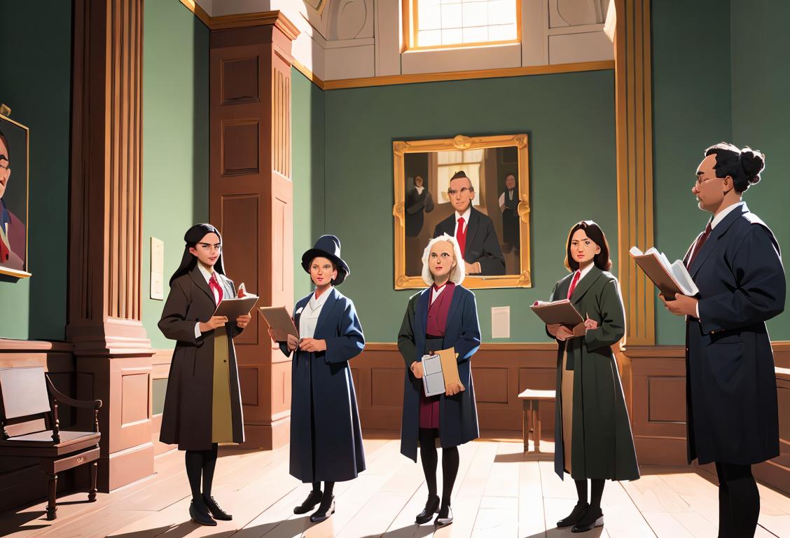 A diverse group of people wearing clothing styles from different eras and cultures, holding copies of the Bill of Rights, standing in front of a historic courthouse..