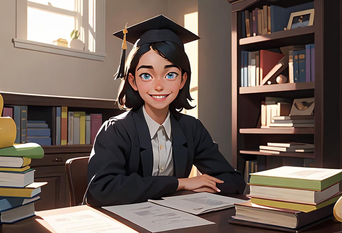 A young adult sitting at a desk, wearing a graduation cap, using a laptop, surrounded by books, with a proud smile on their face..