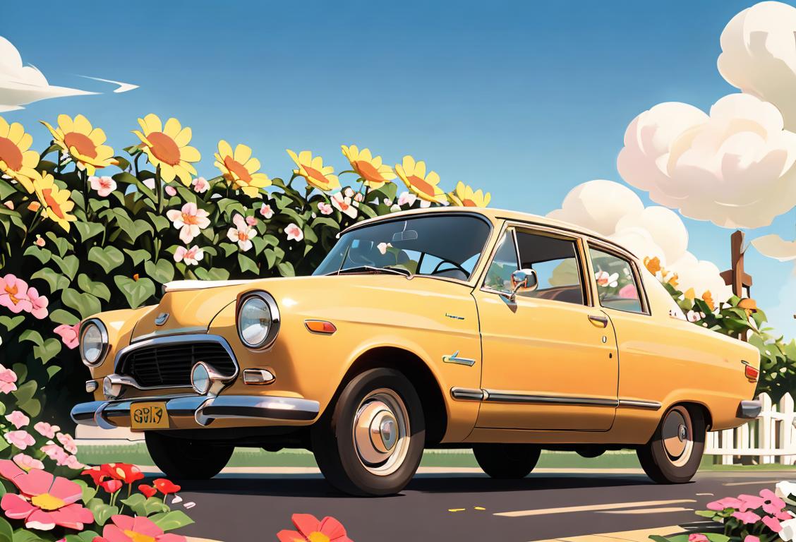 Happy car owner giving their vehicle a wash, wearing a retro-inspired jumpsuit, sunny backyard setting with blooming flowers..