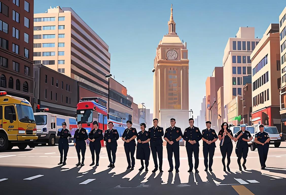 A group of diverse emergency service personnel in uniform, standing together with a backdrop of a bustling city setting..
