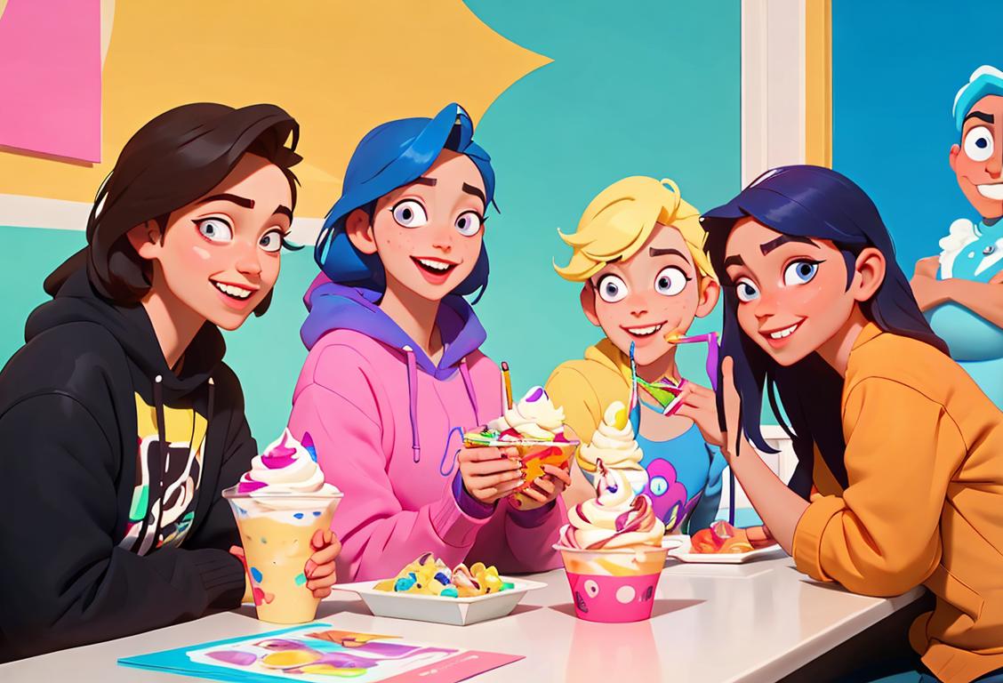 A group of diverse students studying together at a frozen yogurt shop, with colorful toppings and smiles on their faces. .