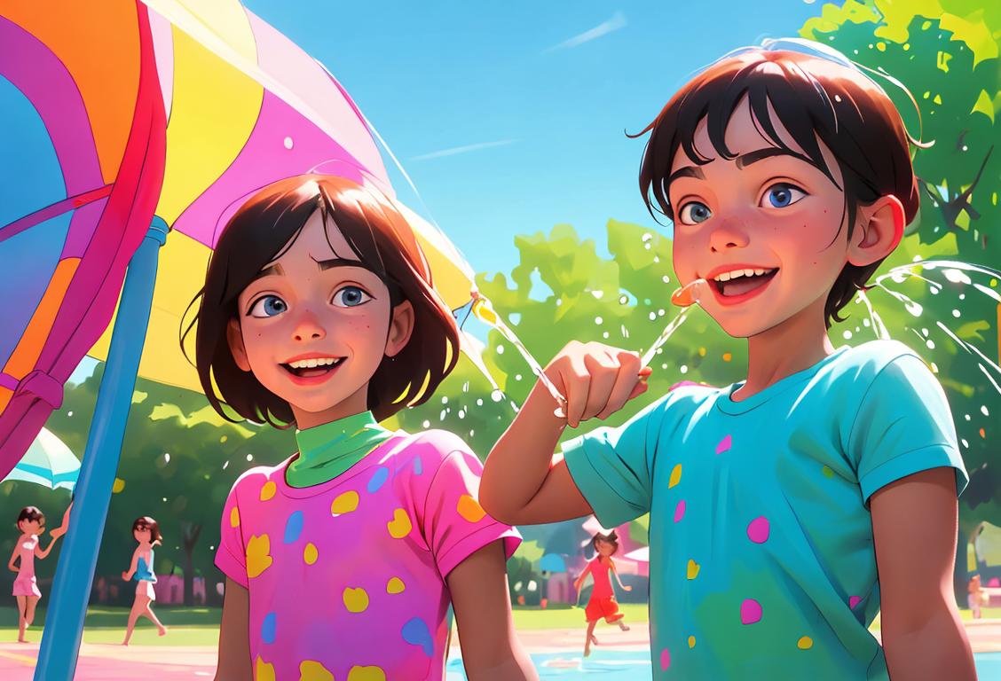 Happy kids in colorful summer clothes, cooling off with water sprinklers in a vibrant park..