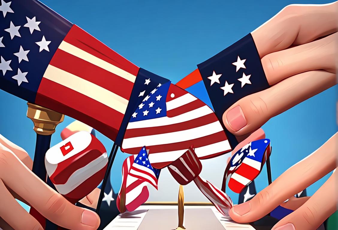 A diverse group of people, wearing patriotic colors, casting their votes at a bustling polling station, USA flag decor in the background..