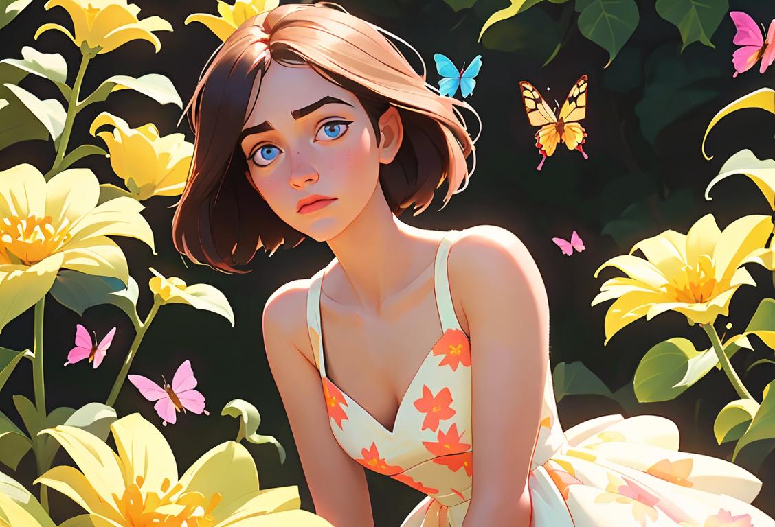 Young woman embracing a ray of sunshine, wearing a floral dress, surrounded by blooming flowers and butterflies..