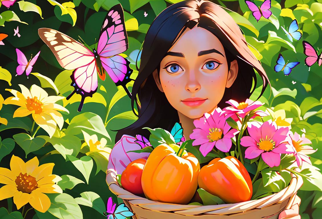 Beautiful garden with colorful flowers, a person in gardening attire, holding a basket of fresh fruits and vegetables, surrounded by butterflies and birds..