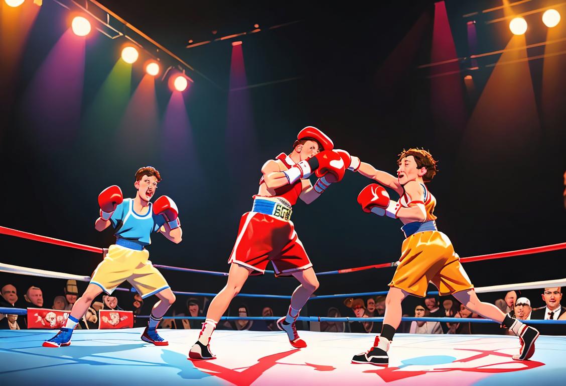 Group of happy actors in a theater setting, dressed in colorful costumes, performing a comedic play on Boxing Day..