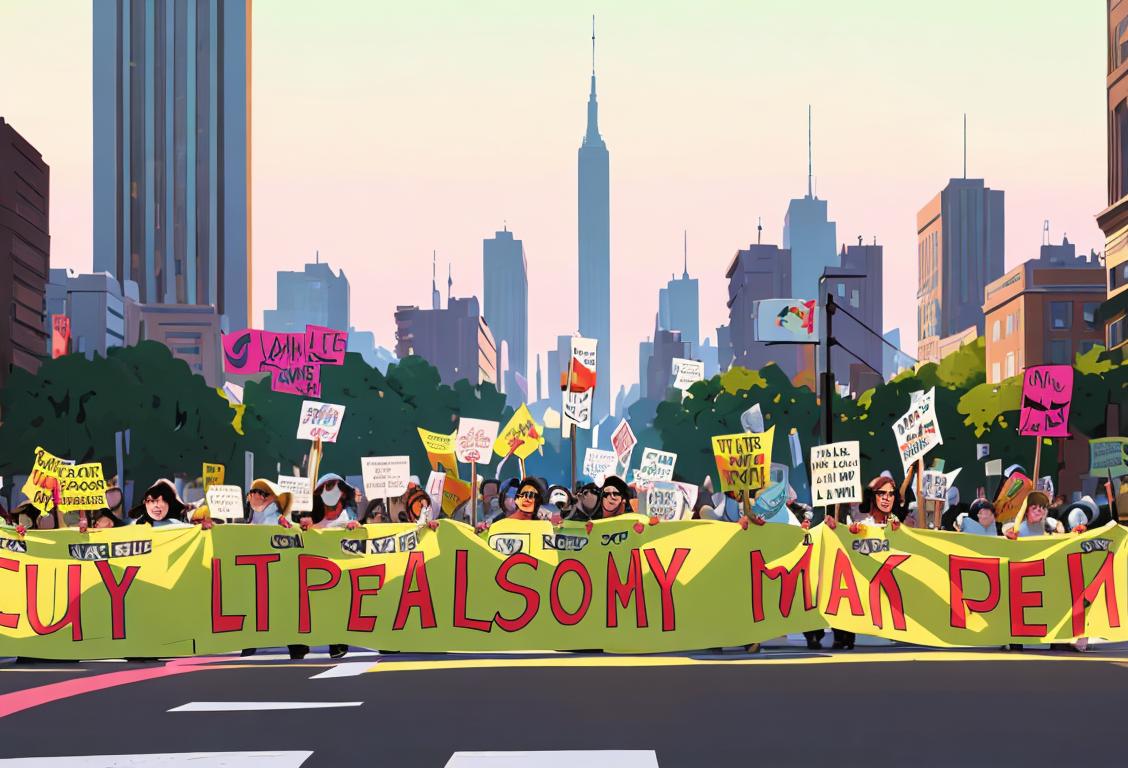 Group of people holding colorful picket signs, wearing matching t-shirts, cityscape background, peaceful protesting vibes..