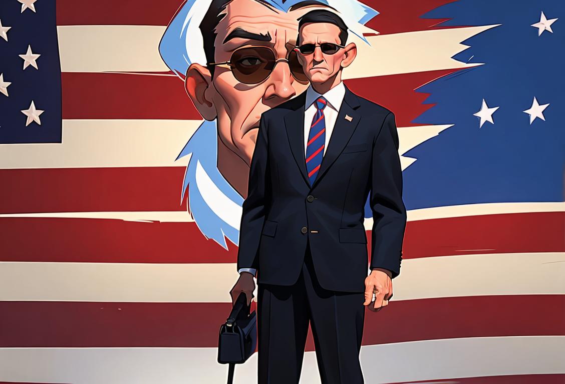 Young man with patriotic sunglasses, wearing a suit, standing in front of the American flag..