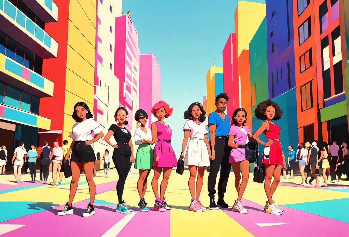 A diverse group of people wearing various styles of shoes, from high heels to sneakers, in a vibrant city setting with colorful backgrounds..