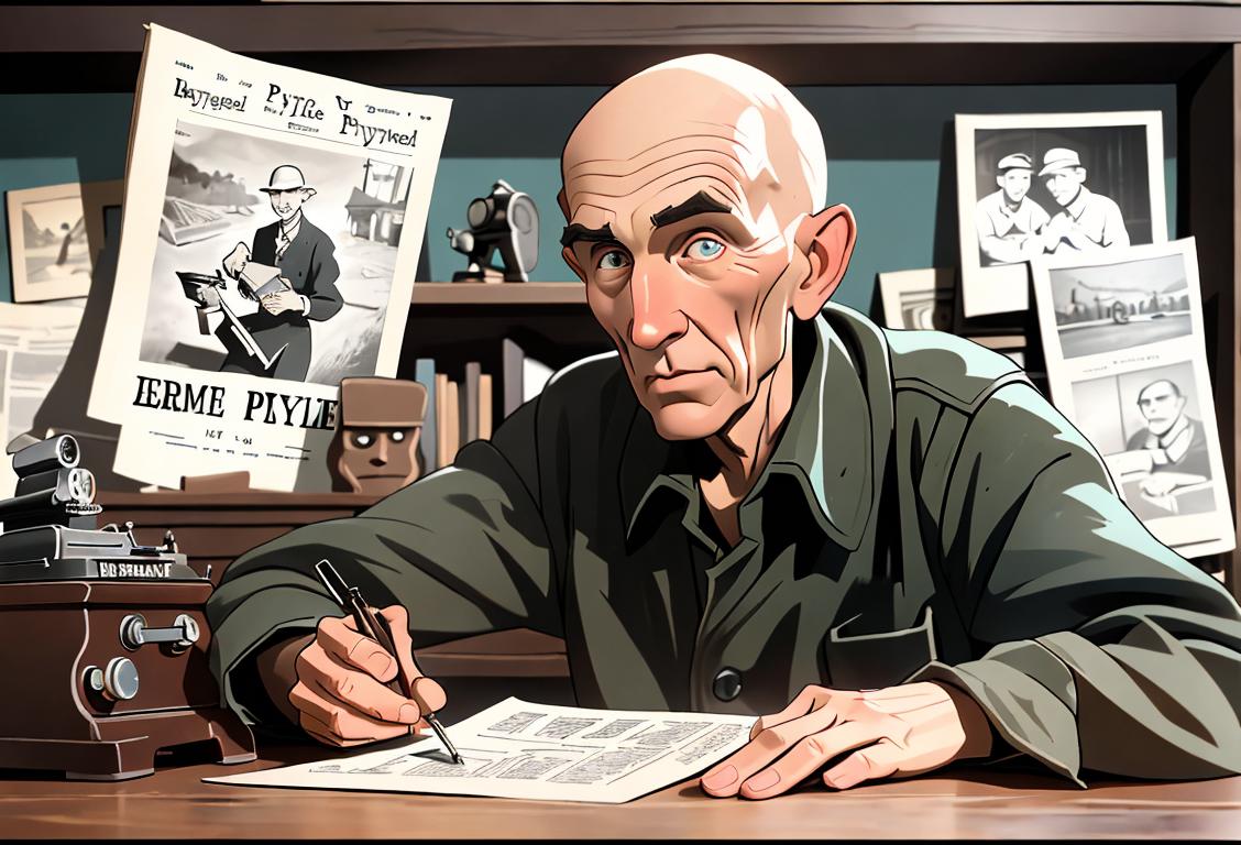 A vintage-style newspaper with the headline 'National Ernie Pyle Day' surrounded by camera, typewriter, and war-related props on a wooden desk..