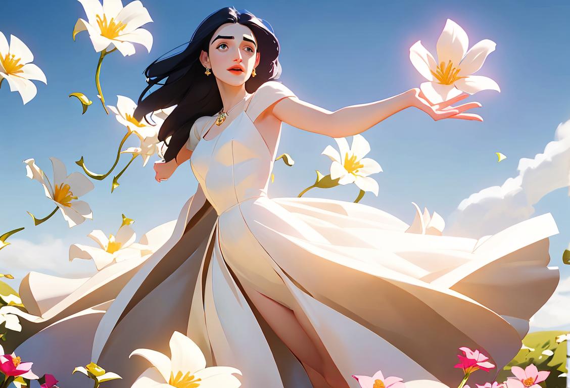 Graceful picture of Katie McGrath in a flowy dress, surrounded by flowers, radiating positivity and elegance..