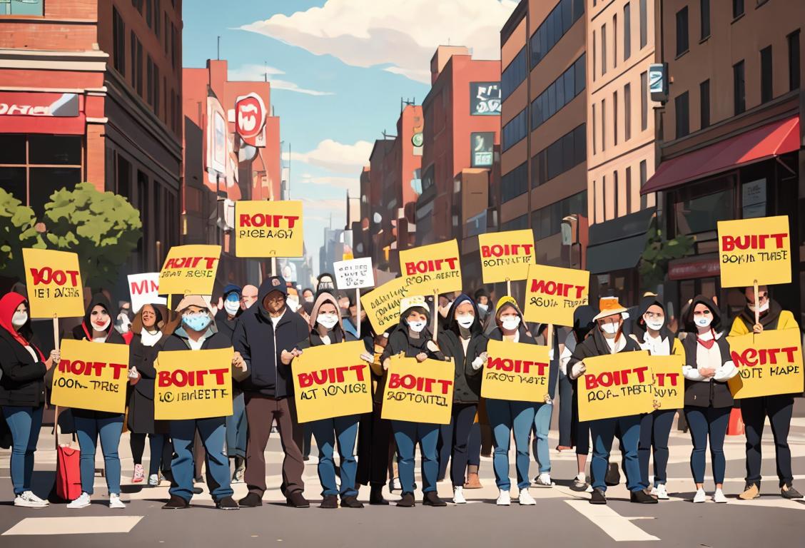 Group of diverse people holding signs and boycotting, wearing casual clothing, urban setting.
