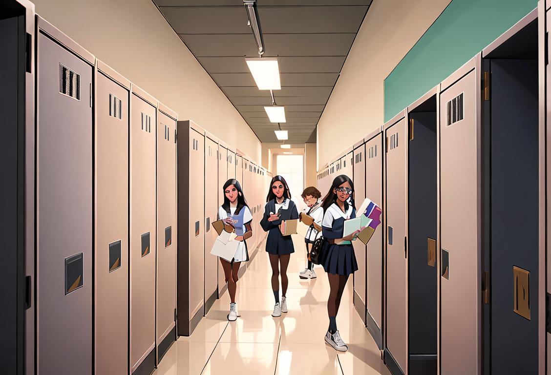 Group of diverse students holding yearbooks, wearing trendy clothes, in a school hallway filled with lockers..