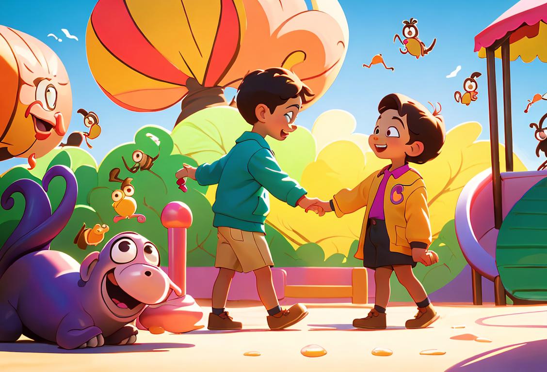 Young children holding hands, smiling, wearing colorful outfits, sunny playground setting, with educational posters about worms in the background..